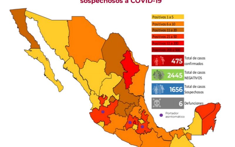 Se han confirmado 475 casos de Covid-19 en México. Han fallecido 6 personas
