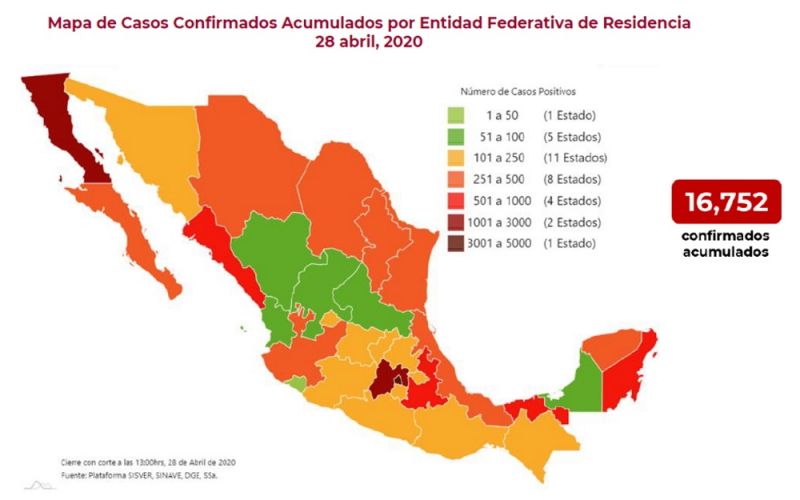 En México hay 16 mil 752 casos confirmados de COVID-19. Han fallecido mil 569 personas