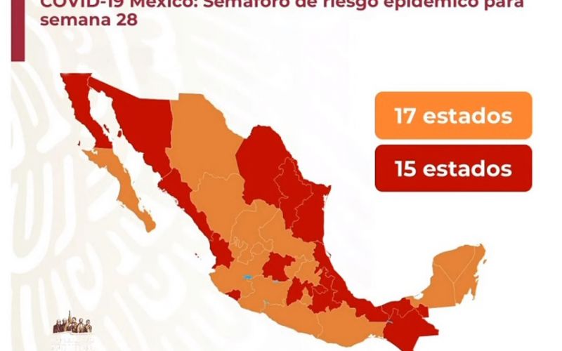 Semáforo de Riesgo Epidémico: 15 estados en color rojo y 17 entidades en naranja